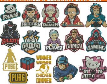 Peut inclure: Ensemble de 16+ motifs de broderie de logos de jeux, divers formats. Les motifs incluent un panda, des personnages de joueurs et du texte tel que "Free Fire", "Silent Killer" et "PUBG". Tailles de 7.6 cm à 17.8 cm.