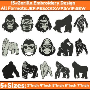 May include: A collection of gorilla embroidery designs in various styles, including silhouettes and detailed faces. The designs are available in multiple formats and sizes, ranging from 3 to 7 inches.