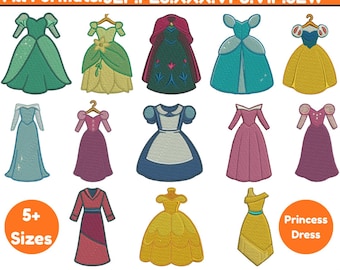 Diseño de bordado a máquina de vestidos de princesa. Crea tu propio conjunto de princesa. Diseño de bordado de corona de princesa y tiara. Archivo digital de bordado. Más de 5 tamaños.