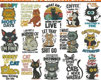 Diseños divertidos de bordado a máquina de gatos sarcásticos Diseños de bordado de gatos Bordado de gato gruñón Bordado de gato agotado Archivo PES 5+ Tamaños Descargar
