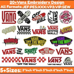 May include: A collection of over 20 digital embroidery designs featuring the Vans logo and Off The Wall text in various styles, colours, and graphics including skateboards, skulls, and checkerboard patterns, available in JEF, PES, XXX, VP3, VIP, and SEW formats.