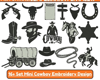 Conjunto de 16 diseños de bordado a máquina de estilo occidental. Mini sombrero de vaquero bordado. Iconos occidentales en miniatura. Archivos PES (más de 5 tamaños).