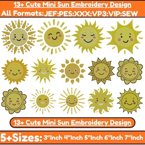 Könnte beinhalten: Eine Sammlung von 13+ niedlichen Mini-Sonnenschein-Stickmustern in verschiedenen Formaten. Die Designs zeigen lächelnde Sonnen mit unterschiedlichen Stilen und Details. Das Bild enthält auch Text, der darauf hinweist, dass die Designs in 5+ Größen von 7,6 cm bis 17,8 cm erhältlich sind.