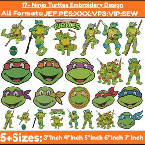 May include: A collection of Ninja Turtles embroidery designs. The image features various designs of the Teenage Mutant Ninja Turtles, including full figures and head designs. The designs are in multiple formats and sizes, ranging from 3 to 7 inches.