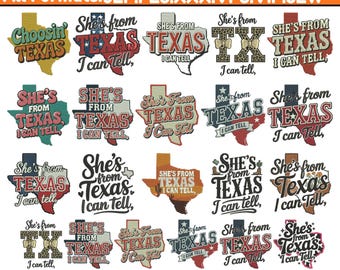 Diseño de bordado a máquina "She's From Texas" Patrón de vaquera del oeste del estado de Texas Archivo de bordado de chica texana Chica sureña Pes 5+ tamaños Descargar