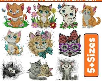 Diseños de bordado a máquina de gatos locos, bordado floral de gato, divertido bordado de gato esponjoso, bordado de gato agotado, más de 5 tamaños, archivo de descarga instantánea