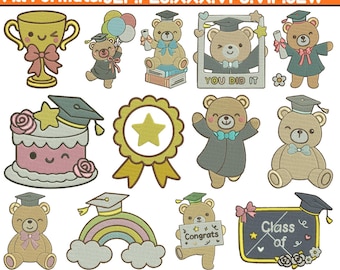 Diseño de bordado a máquina de oso graduado Bordado de gorro y diploma de graduación Bordado de oso graduado Patrón de graduación Archivo Pes Descargar