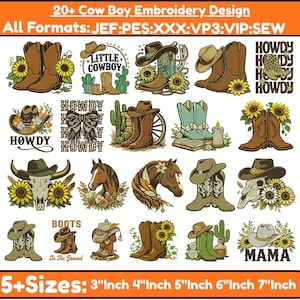 May include: A collection of over 20 cowboy-themed embroidery designs. The designs include cowboy boots, hats, horses, and floral elements. The designs are available in multiple formats and sizes, ranging from 3 to 7 inches.