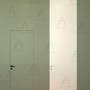 May include: Interior design featuring two doors. One is a light green, recessed door with a black handle. The other is a white door with a silver handle. The text "Arsalan Fard" is repeated on the wall.