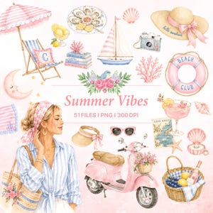 May include: A collection of watercolor summer-themed illustrations including a striped beach chair, sailboat, straw hat with a pink ribbon, life buoy labeled Beach Club, pink scooter, picnic basket, and a person wearing a striped shirt and headscarf.