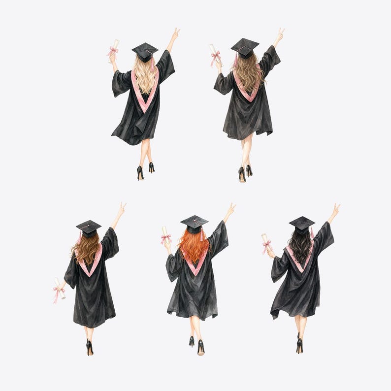 Pink Graduation Objects Animated Graduation Girl Clipart, Pink Grad Girl, Watercolor Illustration, PNG ...