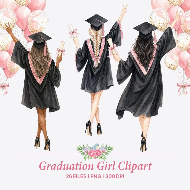 Pink Graduation Objects Animated Graduation Girl Clipart, Pink Grad Girl, Watercolor Illustration, PNG ...