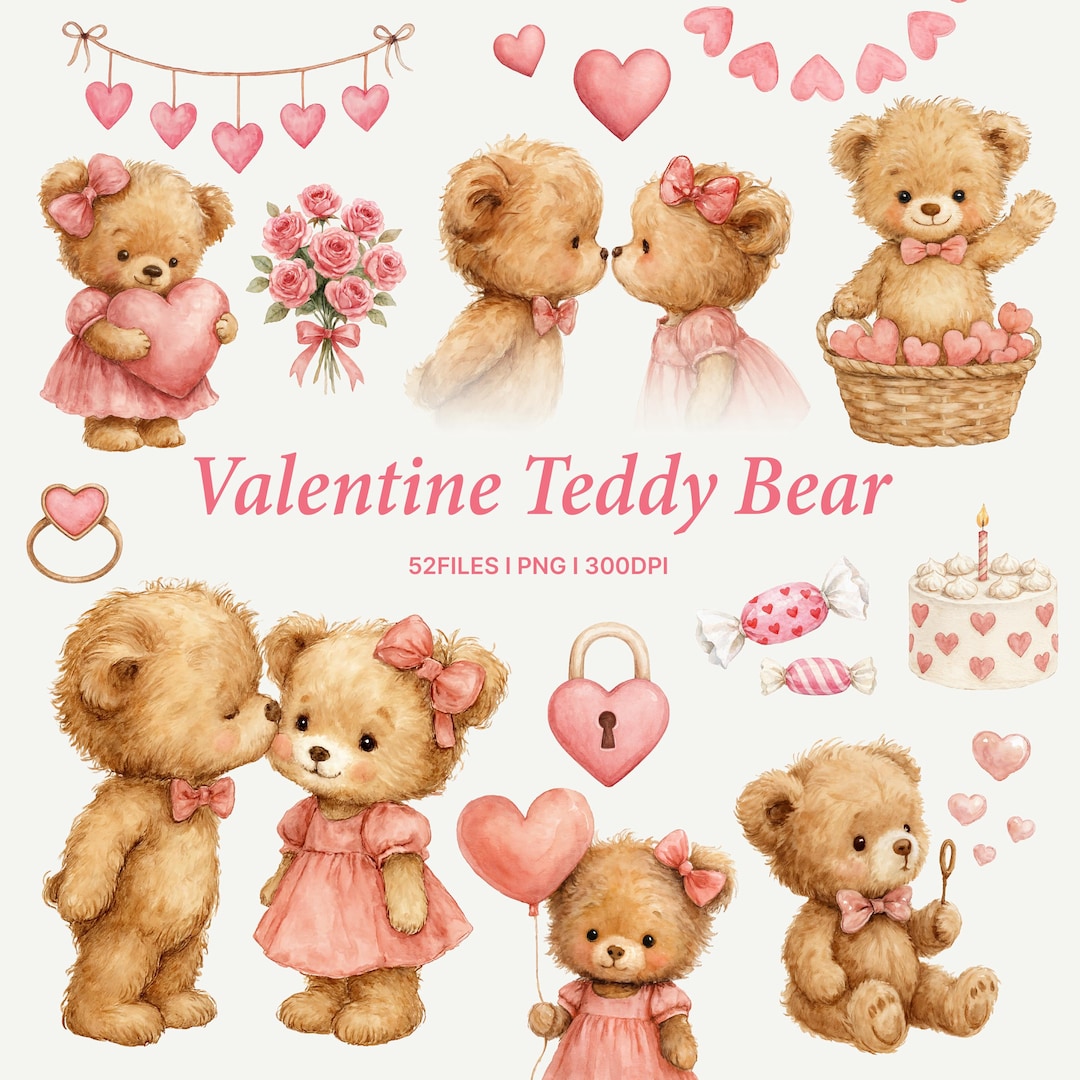 Valentine Teddy Bear Couple Clipart, Valentine Decor, Cute Watercolor ...