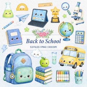 Imágenes prediseñadas escolares kawaii, niño de regreso a clases, útiles escolares en tonos pastel, ilustración en acuarela, PNG