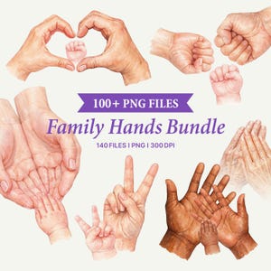 以下が含まれることがあります： ハート型、握りこぶし、赤ちゃんの手に触れるなど、さまざまなポーズの手の水彩イラスト。画像には「Family Hands Bundle」と「100+ PNG FILES」というテキストが含まれています。
