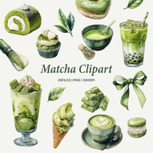 May include: Watercolor illustration of matcha-themed food and drinks. The image includes a matcha roll cake, cupcake, latte, ice cream, and bubble tea. The text "Matcha Clipart" is displayed in the center of the image.