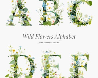 Floral Alphabet Letter Clipart, Wild Flowers Alphabet, Watercolor Letter, PNG
