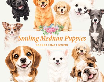Smiling Medium Breed Puppy Clipart, Cute Puppies, Watercolor Illustration, PNG