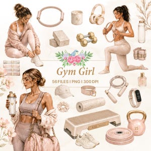 Puede incluir: Un conjunto de ilustraciones digitales titulado Gym Girl con equipo de fitness y figuras en tonos beige. Los elementos incluyen mancuernas, una pesa rusa con texto 15 LB, una plataforma de step con texto Rise Daily, una cuerda de saltar y un rastreador.