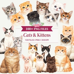 Może przedstawiać: Cyfrowa kolekcja ponad 100 plików PNG przedstawiających różne koty i kocięta w stylu akwarelowym. Centralny tekst brzmi 100+ PNG FILES, Cats & Kittens oraz 130 FILES I PNG I 300 DPI, w otoczeniu licznych ilustracji kotów.