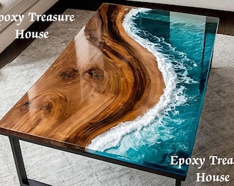 Ocean Wave Epoxy Sofa Table, Live Edge Wood Ocean Table, Coastal Epoxy Furniture, Handmade Resin Sofa Table, Modern Wood Entryway Table