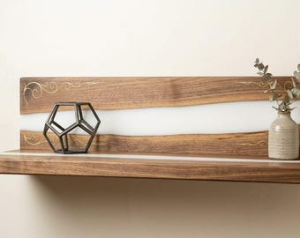Handcrafted Wooden Wall Shelf with Decorative Inlay | Floating Solid Wood Shelf for Living Room & Home Decor