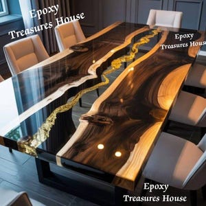 May include: A rectangular epoxy resin dining table with a dark wood grain design and a gold river-like inlay. The table is surrounded by white chairs and has the text "Epoxy Treasures House".