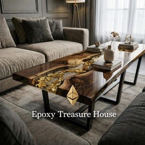 Luxury Live Edge Epoxy River Sofa Table, Black Walnut Wood Table with Gold Resin Inlay, Handmade Wood Furniture, Unique Living Room Table