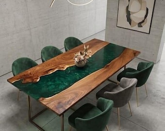 Mesa de comedor de resina epoxi verde esmeralda, mesa de madera maciza con borde natural, mesa de comedor moderna de lujo, mesa de resina hecha a mano, muebles de madera a medida
