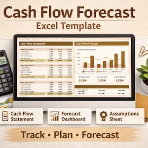 May include: A computer screen displays a cash flow forecast Excel template. A calculator, pen, and small plant are on the desk. The screen shows "Cash Flow Statement" and "Cash Flow Forecast". The image also includes the text "Track • Plan • Forecast".