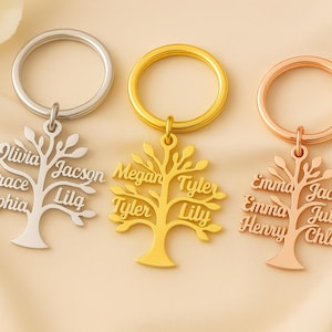 Personalized Tree of Life Keychain, Family Name Keychain, Custom Name Keychain, Stainless Steel Gift for Mom Dad
