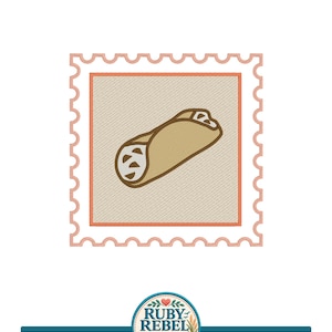 May include: An embroidery design featuring a tan cannoli with a cream-colored filling containing dark brown chocolate chips, centered within a square postage stamp frame with a peach-colored border on a textured beige background.