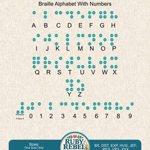May include: A chart titled Braille Alphabet With Numbers displays teal dot patterns corresponding to letters A through Z and numbers 0 through 9. At the bottom, a teal banner includes the text Ruby Rebel Threads, Sizes: One Size Only, and file formats.