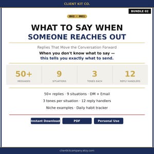 May include: A digital product titled "WHAT TO SAY WHEN SOMEONE REACHES OUT" with a navy blue and cream color scheme. The product includes over 50 messages, 9 situations, 3 tones each, and 12 reply handlers. It is available as an instant PDF download.