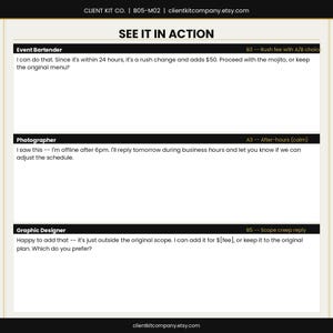 K&ouml;nnte beinhalten: Beige-schwarze Grafik mit dem Text "SEE IT IN ACTION" und drei Abschnitten. Jeder Abschnitt hat eine Berufsbezeichnung, eine kurze Beschreibung und einen Referenzcode. Die Website clientkitcompany.etsy.com befindet sich unten.