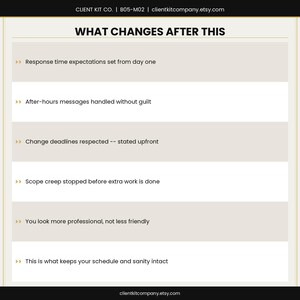 K&ouml;nnte beinhalten: Eine beige-wei&szlig;e Grafik mit dem Text &bdquo;WHAT CHANGES AFTER THIS&ldquo; und Aufz&auml;hlungspunkten, die Verbesserungen detaillieren. Der Text enth&auml;lt &bdquo;Response time expectations&ldquo;, &bdquo;After-hours messages&ldquo; und &bdquo;Change deadlines&ldquo;. Die Website clientkitcompany.etsy.com befindet sich unten.