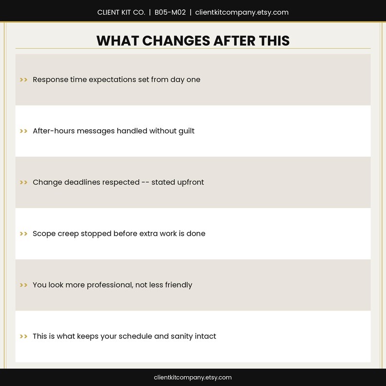 K&ouml;nnte beinhalten: Eine beige-wei&szlig;e Grafik mit dem Text &bdquo;WHAT CHANGES AFTER THIS&ldquo; und Aufz&auml;hlungspunkten, die Verbesserungen detaillieren. Der Text enth&auml;lt &bdquo;Response time expectations&ldquo;, &bdquo;After-hours messages&ldquo; und &bdquo;Change deadlines&ldquo;. Die Website clientkitcompany.etsy.com befindet sich unten.