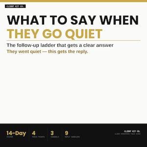 以下が含まれることがあります： 黒と金の「WHAT TO SAY WHEN THEY GO QUIET」というテキストのグラフィック。下のテキストは「明確な答えを得るためのフォローアップラダー。彼らは静かになった-これが答えを得る」と書かれています。下部には「14日システム」、「4つのタッチポイント」、「3つのチャネル」、および「9つの返信ハンドラー」がリストされています。