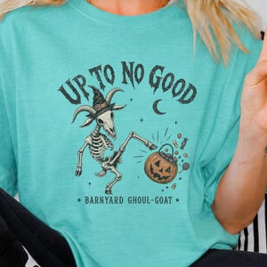 Up To No Good Skeleton Goat Shirt, Funny Halloween Goat Tee, Retro Spooky Farm Animal T-Shirt, Comfort Colors Ghoul Goat Top