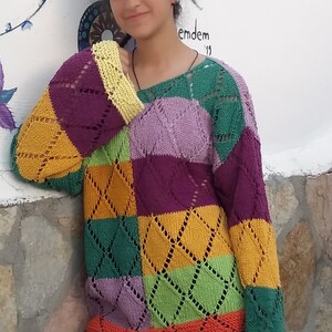 Handmade Patchwork Knit Sweater, Color Block Cotton Top
