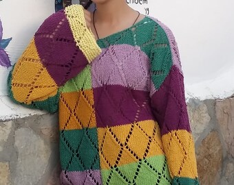Handmade Patchwork Knit Sweater, Color Block Cotton Top