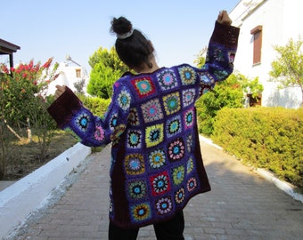 Afhgan Colorful Crochet Patchwork Coat, Granny Square Crochet Cardigan, Purplish Knitted Patchwork Coat, Granny Square Sweater, Gift For Mom