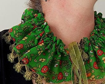 Detachable Green Ruffle Lace Collar, Floral Cotton Neck Ruff, Victorian Style Cosplay