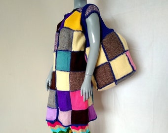 Knee Lenght Spring Summer Vest Cardigan, Patchwork Sleeveless Cardigan, Women's Waistcoat Afghan Knit Multicolors, Patchwork Big Knit Bag