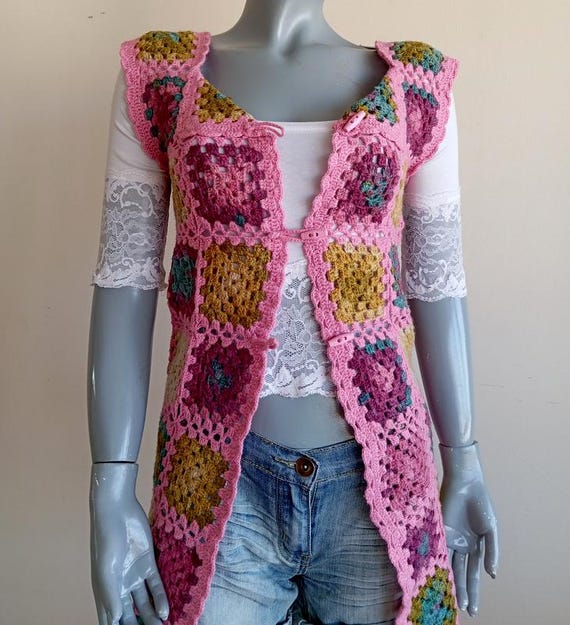 Vintage Granny Square Crochet Vest: 1980s Handmad… - image 5