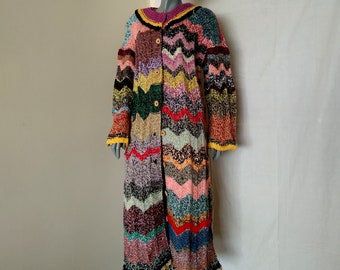 Maxi Colorful Striped Long Cardigan, Oversized Multicolor Zigzag coat jacket, Striped Winter Sweater, Rainbow Knitted Coat, Gift for Mother