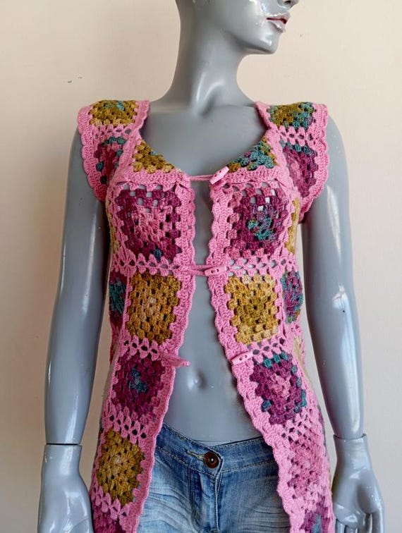 Vintage Granny Square Crochet Vest: 1980s Handmad… - image 9