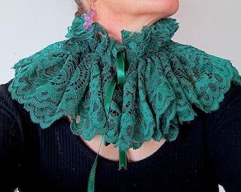 Emerald Green Lace Ruffle Collar, Handmade Victorian Neck Ruff