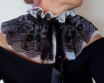Black Detachable Lace Ruffle Collar, Black White Cosplay Accessories, Victorian Neck Ruff