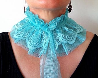 Handmade Light Blue Ruffle Collar, Circus Clown Neck Ruff, Victorian Style